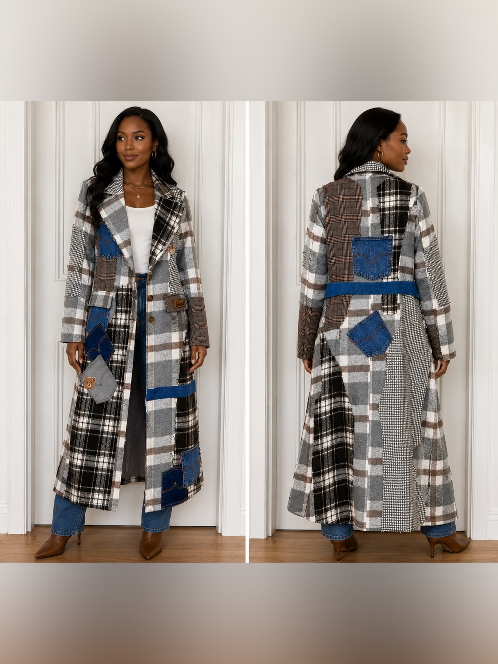Upcycled Patchwork Plaid and denim trench Coat size S